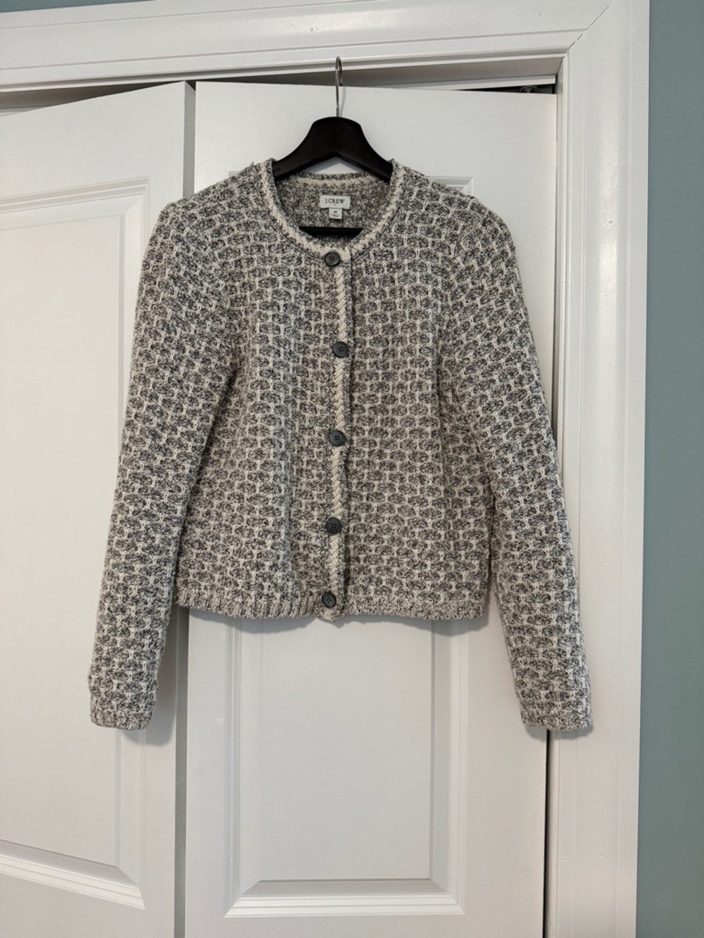 J. Crew Gray and Cream Bouclé Button Cardigan